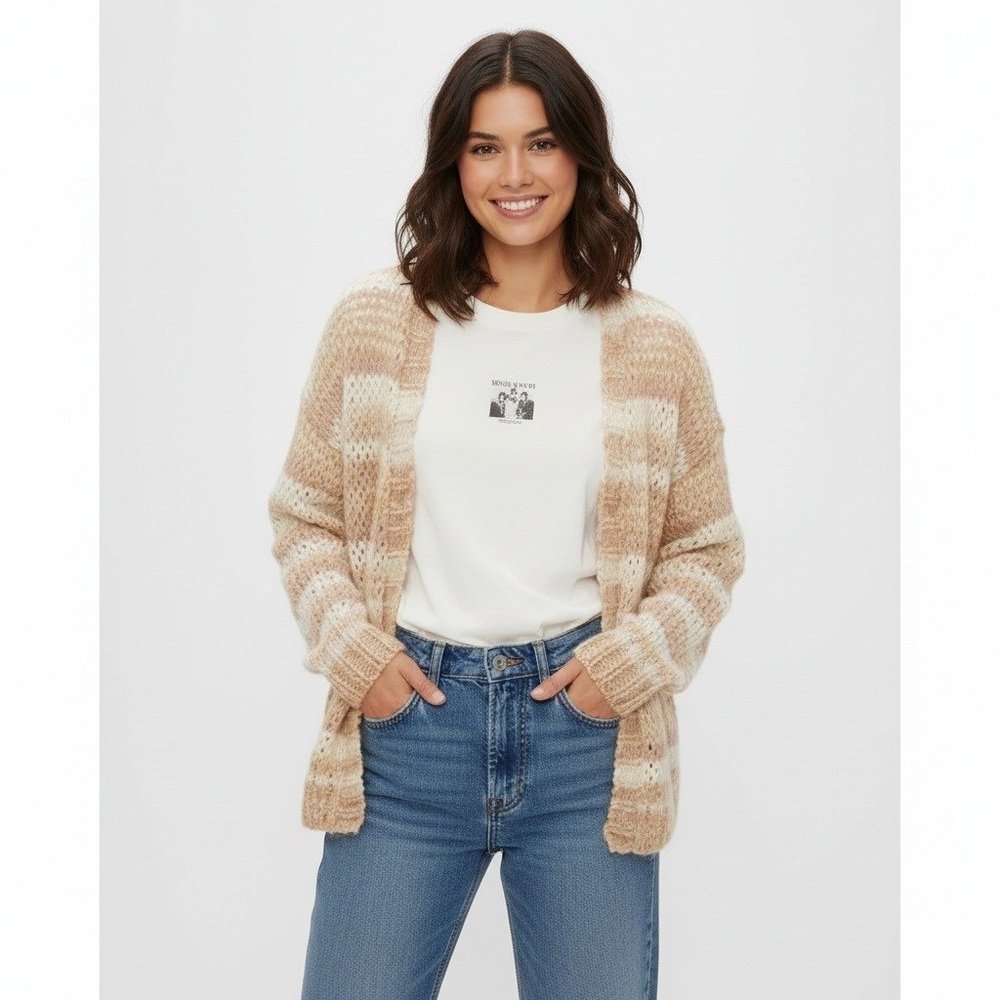American Eagle Outfitters Oversized Beige Striped Chunky Knit Cardigan